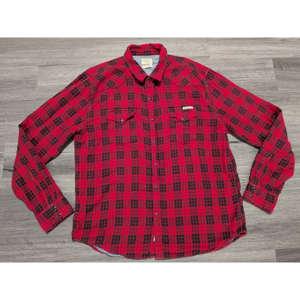 Lucky Brand Men's Reb Black Tartan Plaid Pearl Snap‎ Long Sleeve Shirt Size XL